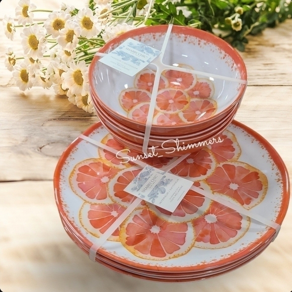 X8 Shabby Chic SUMMER CITRUS GRAPEFRUIT Thick Melamine Dinner Plates & Bowl Set - Picture 1 of 8